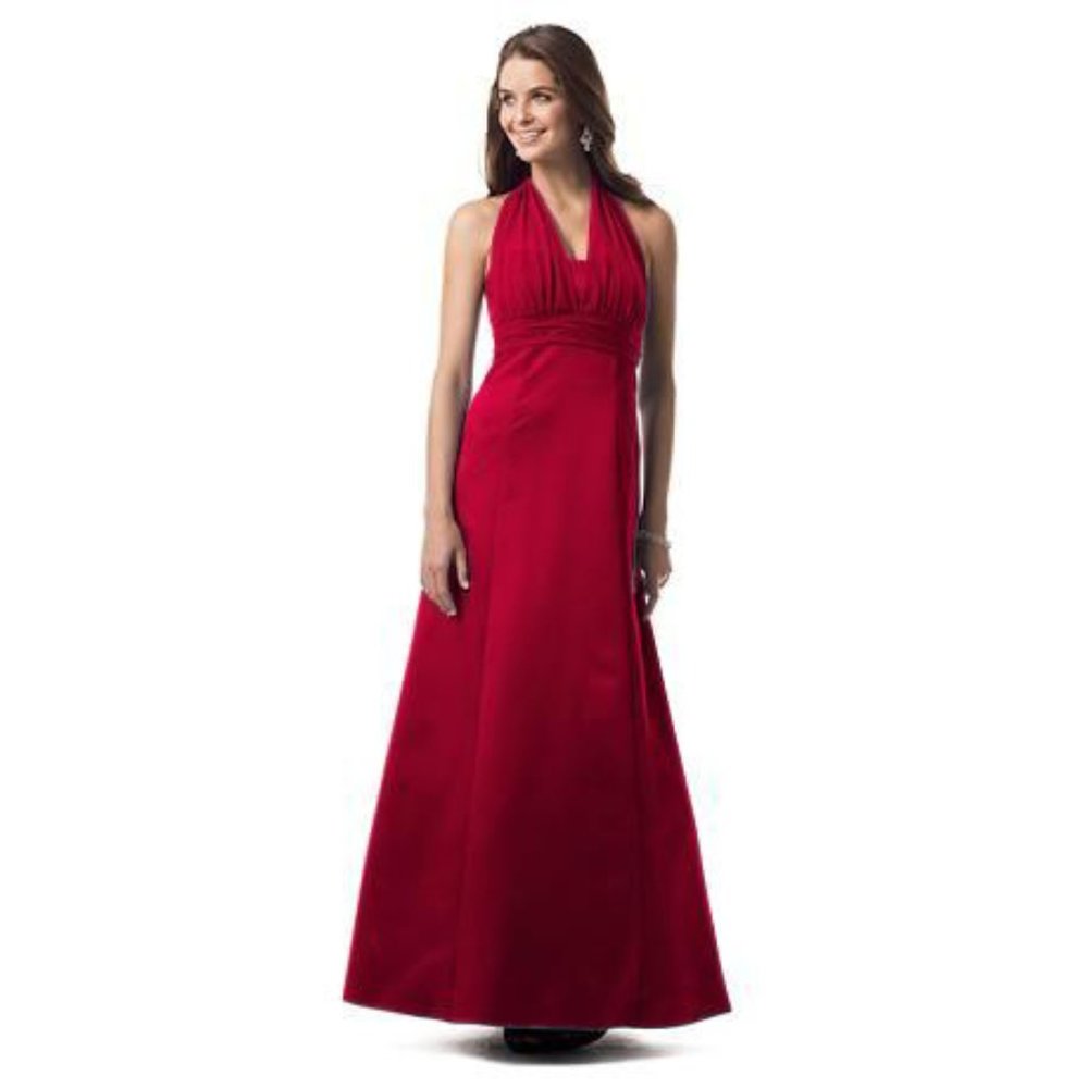David's Bridal Red Chiffon Halter Gown